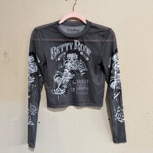 Betty Boop Graphic Mesh Top Long Sleeve Crop Charcoal Grey Small